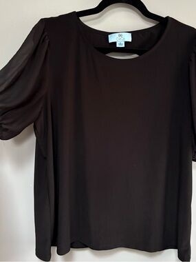 CeCe Black Round Neck Blouse Sheer Short-Sleeved Elegant Back Cut-Out Size XL
